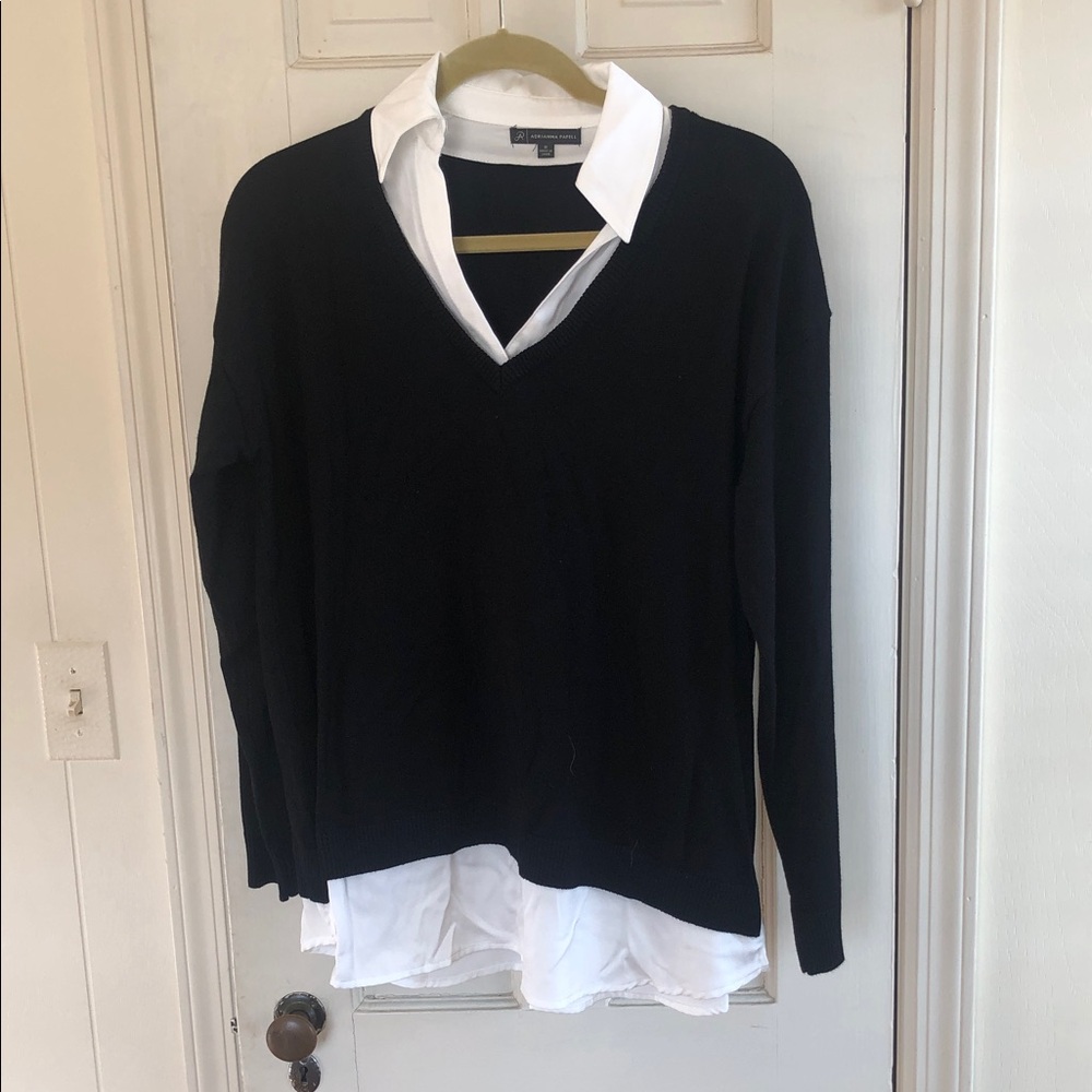 Adrianna Papell Black V-Neck Sweater with White Shirt Detail
